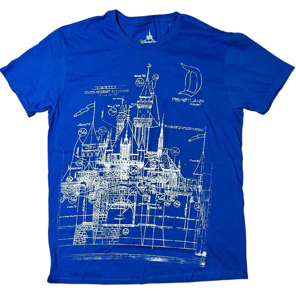 Disney Parks T-Shirt Mens L Blue Cotton Floral Cocktail Disneyland Resort Castle